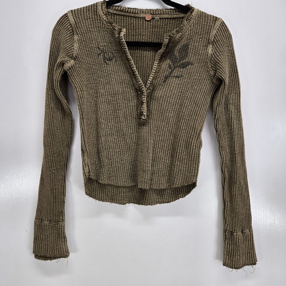 Free People One Colt Thermal Waffle Henley Round Edge Green‎ Womens XS Y2K Top